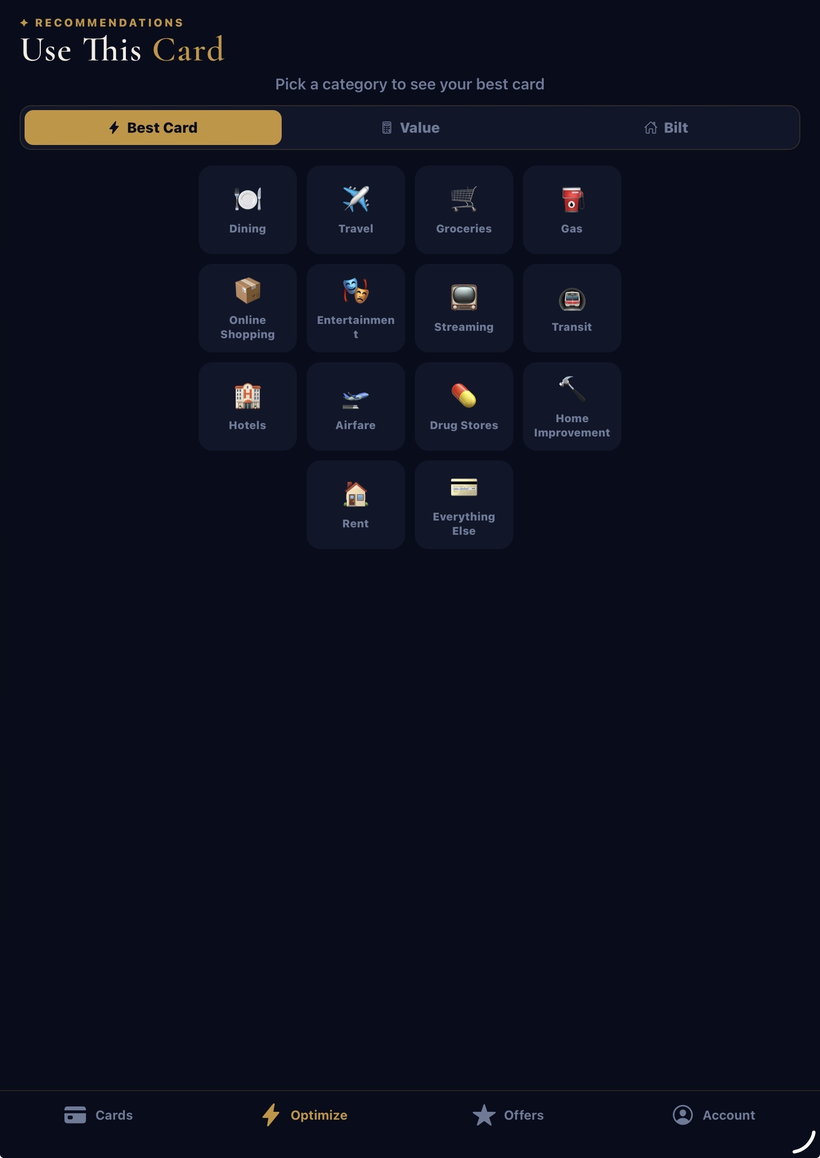 Pointspector category picker with dining, travel, groceries, gas and more