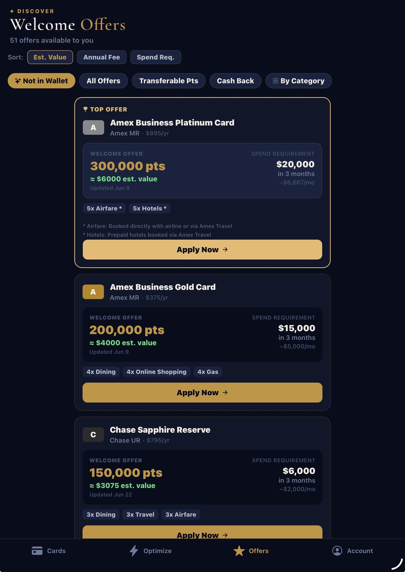 Pointspector welcome offers screen ranked by estimated value