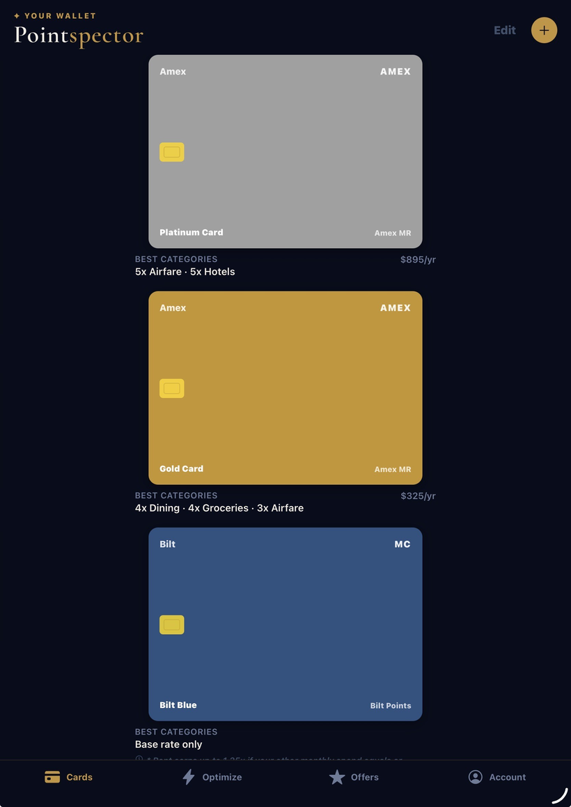The Pointspector app showing a wallet of credit cards with their best earning categories
